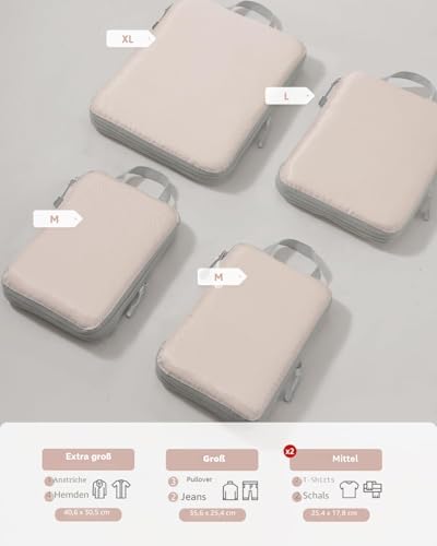 4-delige set compressiepakkubussen – Compressiepakkubussen – Waterdichte kofferorganizer met ritssluiting (XL, L, 2 x M) – Ruimtebesparend voor handbagage