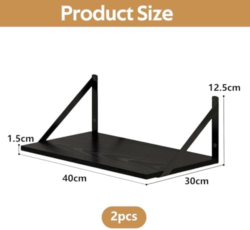 Wandplank 2-delige set, boekenplank voor aan de muur met metalen beugels, houten wandplank, zwevende plank, wandplank, voor woonkamer, keuken, slaapkamer, kantoor, badkamer