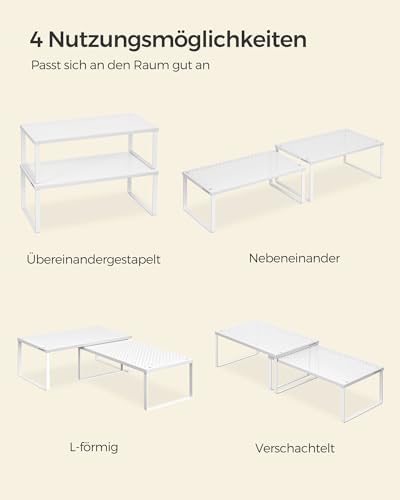 Kruidenrek, set van 2, keukenrek, keukenorganizer, keuken, kruidenhouder, uitbreidbaar, stapelbaar, klein rek, metaal, wit KCS401W01