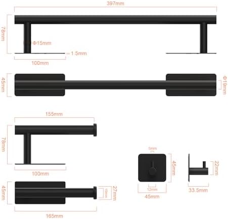 Toiletrolhouder zonder boren, 5-in-1-set, 3 stuks handdoekhaken, zelfklevend, badhanddoekhouder, handdoekhouder, roestvrij staal, zwart