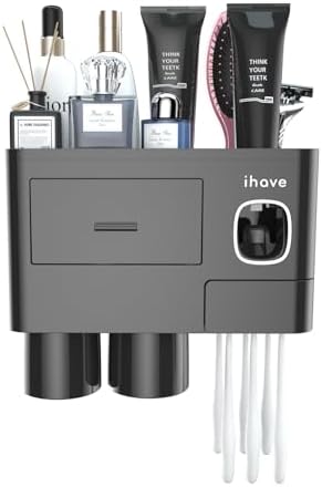 Tandenborstelhouder voor aan de muur met tandpastadispenser & lade, meervoudige tandenborstelhouder voor elektrische tandenborstels, grote houder zonder boren, badkamerorganizer