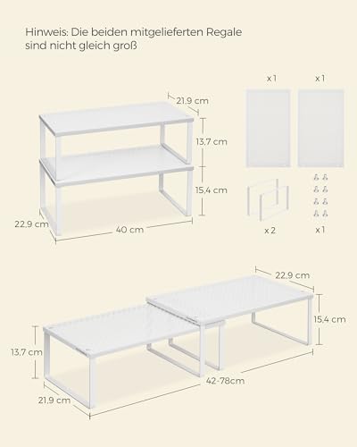 Kruidenrek, set van 2, keukenrek, keukenorganizer, keuken, kruidenhouder, uitbreidbaar, stapelbaar, klein rek, metaal, wit KCS401W01