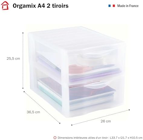 Orgamix kunststof ladekast, 2 doorzichtige lades voor A4-papier, hoogte 25,5 cm, stapelbaar, ideaal voor op het bureau, in de klas, voor documenten en accessoires