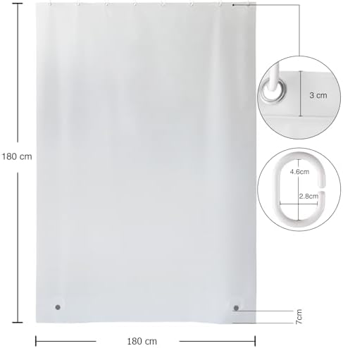 Douchegordijn met zware magneten aan de onderkant, halfdoorzichtig, matglasachtig, EVA, waterdicht, gordijn voor douche en bad, 180 x 180 cm, zacht