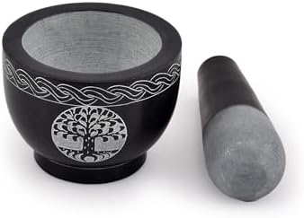 Vijgenboom-vijzel en stamper van natuursteen, diameter 9,5 x 7 cm, stamper 5 x 1,5 inch