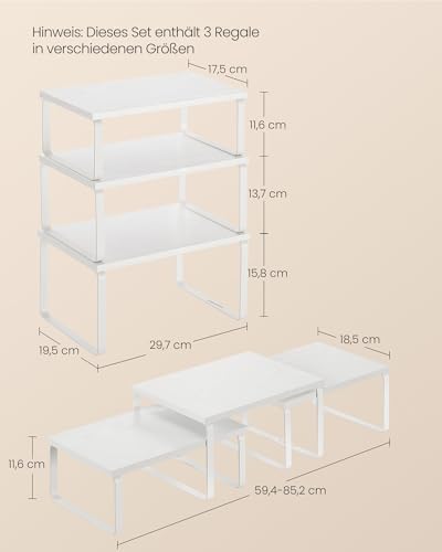 Kruidenrek, set van 3 keukenorganizers, keukenrek, stapelbaar, uitbreidbaar, metaal en houtcomposiet, sneeuwwit-matwit KCS220W01