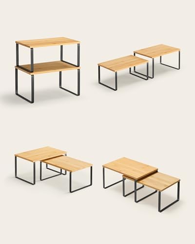 Kruidenrek, set van 4, keukenrek, keukenorganizer, uitbreidbaar, kruidenhouder, stapelbaar, met metalen frame, 19,5 x 29,7 x 15,8 cm, diepzwart-naturel