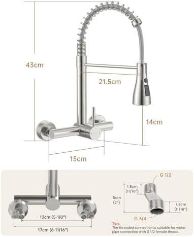 Wandkraan (15 cm gatafstand), uittrekbare uitloop, kraan van geborsteld roestvrij staal voor de keuken, 3 straalsoorten & 360 graden draaibaar, mengkraan