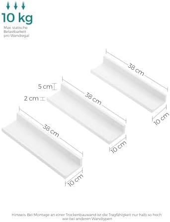 Wandplank, zwevende plank, set van 3, 10 x 38 cm, wandplank voor fotolijsten en boeken, fotoplank voor woonkamer, slaapkamer, badkamer, keuken, wit LWS38W