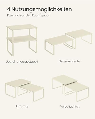 Kruidenrek, set van 2 keukenorganizers, keukenrek, kastorganizer voor de keuken, uitbreidbaar, klein rek, stapelbaar, van metaal en houtcomposiet, crèmewit