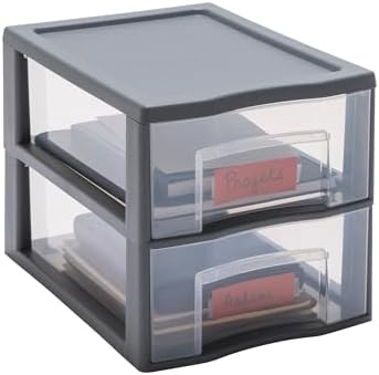 Tag Tower kunststof ladekast Grijs 2 doorzichtige lades voor A4-papier Hoogte 25,5 cm Stapelbaar Ideaal voor bureau, onderwijs, documenten, accessoires