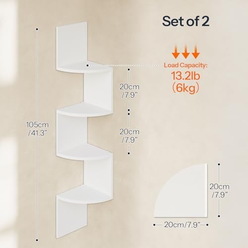 Wandrek 2-delige set, hoekrek, zwevend rek, rek met 4 planken, uniek zigzagontwerp, ruimtebesparend, voor woonkamer, slaapkamer, eetkamer, wit