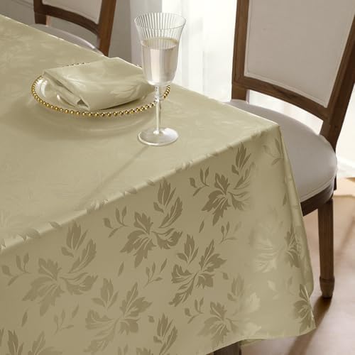 Beige tafelkleed voor buiten, wasbaar, 140 x 240 cm, rechthoekig, bloemen, jacquard-damastpatroon, waterafstotend tafelkleed, tafelkleed voor verjaardagen,