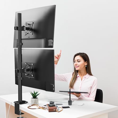 Monitorbeugel voor 2 monitoren, extra hoge stang van 80 cm, verticale stapelbare monitorbeugel voor 17- tot 32-inch monitoren tot 9 kg, dubbele monitorstandaard met zwenk-, kantel- en draaifunctie
