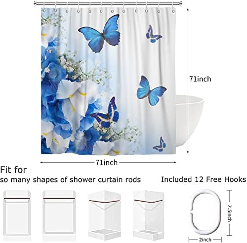Douchegordijn, blauw 180 x 180 cm, bloemen en vlinders, natuur, droom-fantasie-tuin-badkamergordijn, waterdicht, polyesterweefsel, wasbaar badkamergordijn