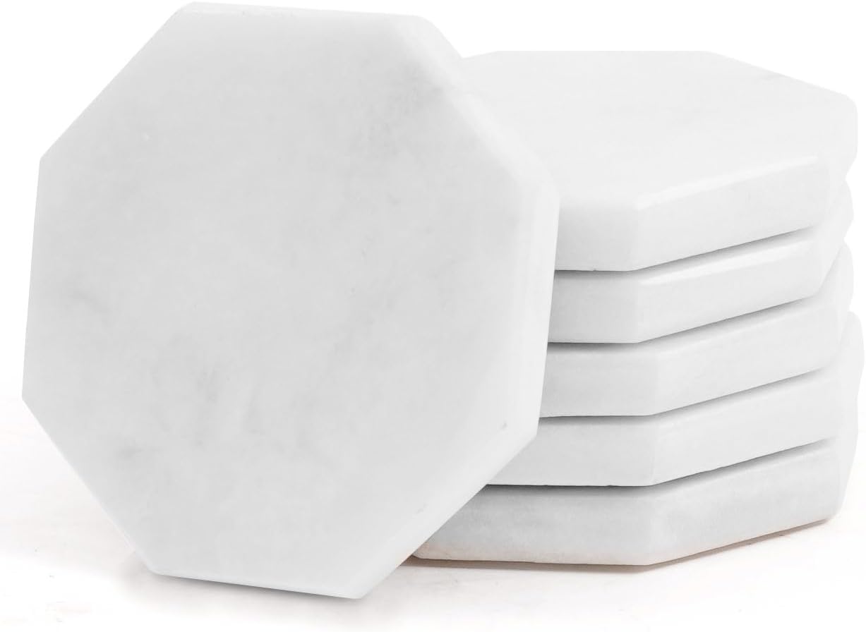 Marmeren onderzetters, set van 6, 3,5" handgemaakte stervormige onderzetters voor drankjes, ideale onderzetters, baraccessoires, wit