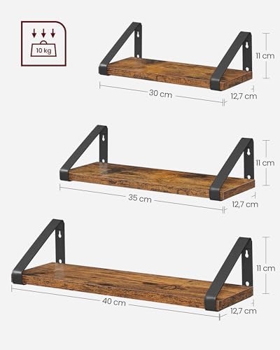 Zwevende planken in industrieel design, set van 3, wandgemonteerd, stevige plank, voor woonkamer, badkamer, keuken, vintage LWS33BX