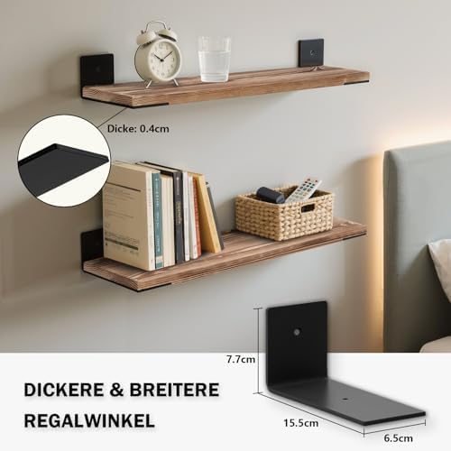 Wandplank 60 cm, set van 2, massief houten hangplanken met stalen beugels, draagvermogen 15 kg, decoratieve plank voor woonkamer/slaapkamer/kantoor – gerookt eiken & zwart