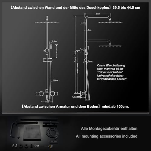 Thermostatisch douchesysteem, regendouche met thermostatische kraan en XXL-douchekop, 35 x 25 cm