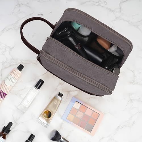 Toilettas voor heren, reistoilettas, dubbele set van canvas, waterafstotende veganistische leren tas voor scheerbenodigdheden en toiletartikelen, taupe