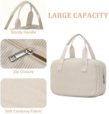 Make-uptasje voor dames, toilettas van corduroy, groot make-uptasje met vakken, make-uptasje, toilettas, tas, organizer, beige, Utility