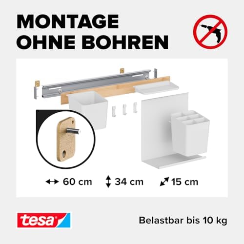 Tesa keukenorganizer combiset M – zelfklevende keukenrail met kruidenpot, 2 legplanken, houder voor keukengerei, haakrail incl. 3 haken – montage
