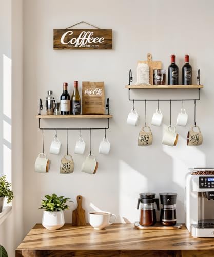 Houten wandplank, koffiebar, keukenplank, zwevende planken, set van 2, wandplank met handdoekhaak, rustiek vintage industrieel design, decoratieve Ha