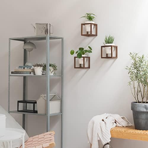 Lille wandvazen, hangende bloempotten in een frame van echt hout, 3-delige plantenpotenset van keramiek en hout voor aan de muur, op tafel en meer, walnootbruin