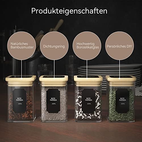 Set vierkante kruidenpotjes – 12 x 200 ml, hoogwaardige glazen kruidenpotjes, glazen potjes met bamboedeksel, luchtdichte voorraadpotjes, glazenset met etiketten en