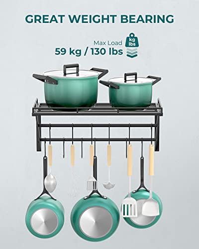 Pannenrek, 3-laags keukenrek van ijzer, wandgemonteerd, pannenrek met 12 haken, 60 x 29,5 x 24,5 cm, houder voor keukengerei, keukenwandrek voor pannen