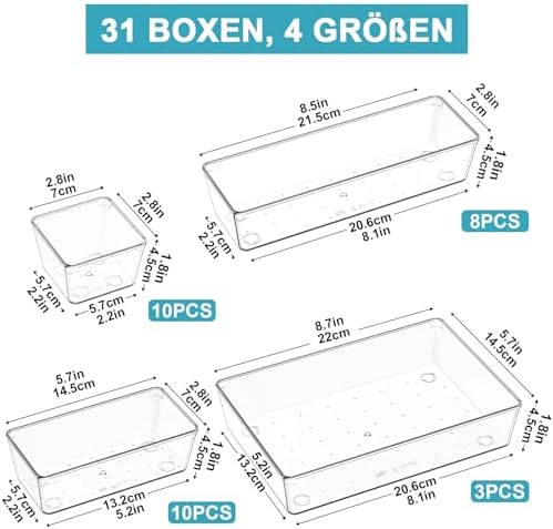 Lade-inzetstuk, lade-organizer, 31-delige kaptafel-organizer in 4 maten, lade-organizer, make-up-organizer, lade-organizersysteem voor het bureau,