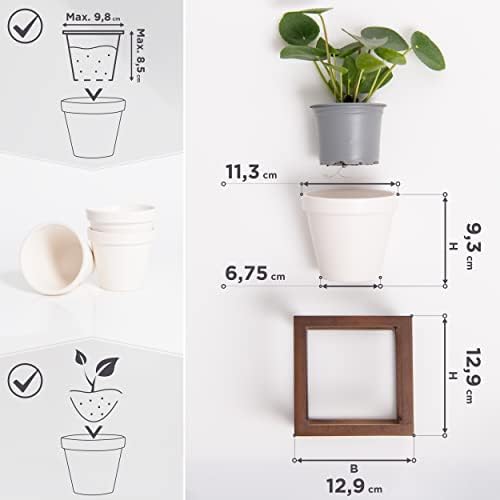 Lille wandvazen, hangende bloempotten in een frame van echt hout, 3-delige plantenpotenset van keramiek en hout voor aan de muur, op tafel en meer, walnootbruin