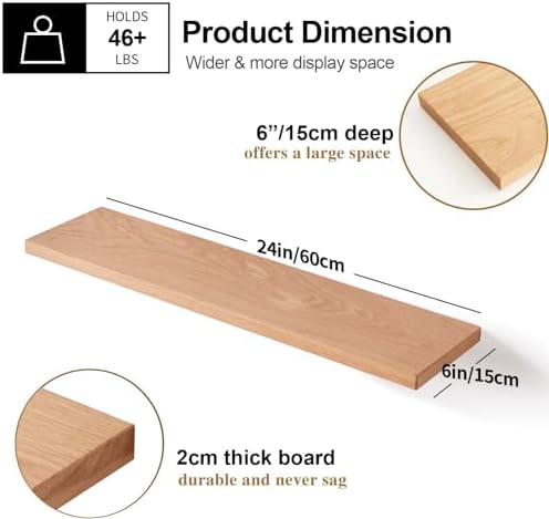 Gieanoo zwevend houten rek, wandrek eiken 60 cm plank eiken wandrek kruidenrek plank voor badkamer, slaapkamer, woonkamer, keuken, Off