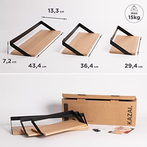 Wandrek-set, hangende rekken van metaal en echt houtfineer, wanddecoratie en rek voor badkamer, woonkamer, keuken, slaapkamer en Mo