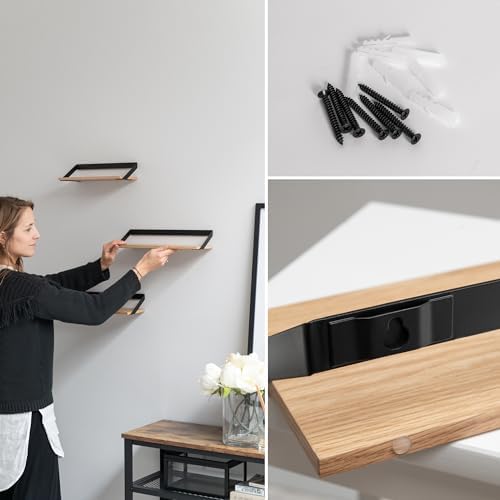 Wandrek-set, hangende rekken van metaal en echt houtfineer, wanddecoratie en rek voor badkamer, woonkamer, keuken, slaapkamer en Mo