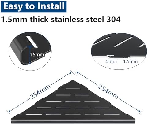 Hoekdoucheplank, roestvrij staal 304, zwart, doucheplank zonder boren, set van 2, badkamerhoekplank voor tegelvoegen, 254 x 254 mm