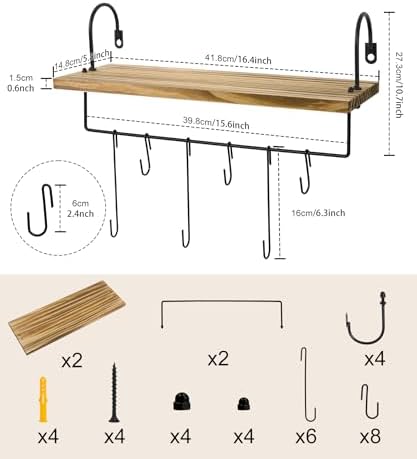 Houten wandplank, koffiebar, keukenplank, zwevende planken, set van 2, wandplank met handdoekhaak, rustiek vintage industrieel design, decoratieve Ha