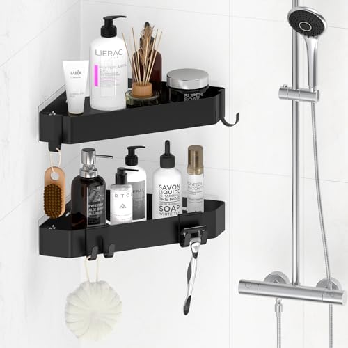 Doucherek zonder boren, hoekig, metalen doucheplank, 2 stuks douchemanden, zelfklevend met 4 haken, badkamerplank voor doucheaccessoires, shampoo en douchegel – z