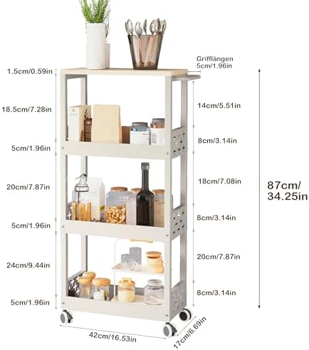 Metalen trolley met 4 niveaus, nischerek op wielen, smalle keukentrolley met werkblad, nischtrolley voor kleine ruimtes, keuken, woonkamer, werkkamer, badkamer (wit)