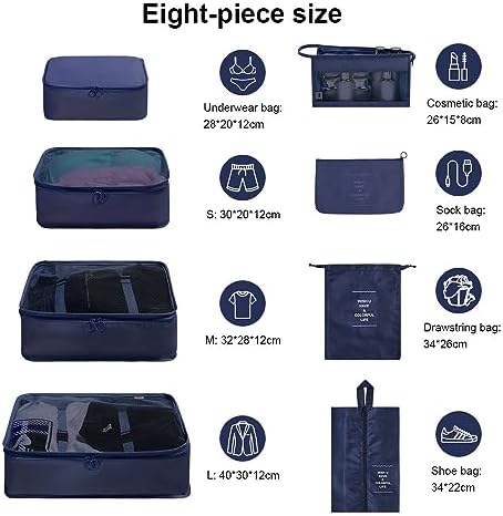 Koffer-organizer-set, 8-delig, opbergkubussen, waterdichte reiskledingzakken, opbergzakken voor koffers, opbergkubussen met toilettas, schoenenzak,