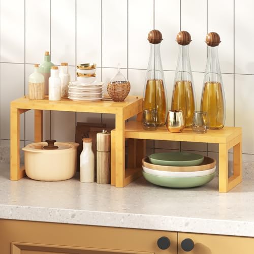 Kruidenrek, set van 2 keukenorganizers, bamboe keukenrek, kastorganizer, kruidenhouder, klein rek voor keuken, eetkamer, woonkamer, kantoor, kast