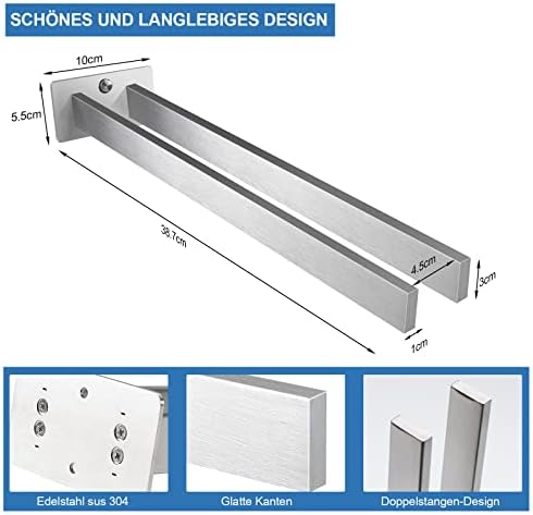 Handdoekhouder van roestvrij staal om in te boren, met twee armen, vierkant, dubbele handdoekhouder, wandmontage voor badkamer en keuken, 39 cm (zilver)