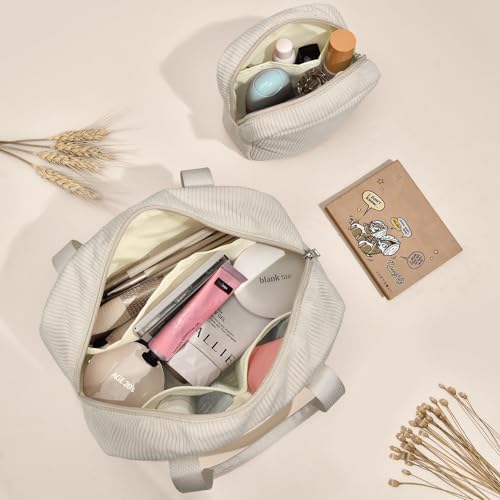 Make-uptasje voor dames, toilettas van corduroy, groot make-uptasje met vakken, make-uptasje, toilettas, tas, organizer, beige, Utility