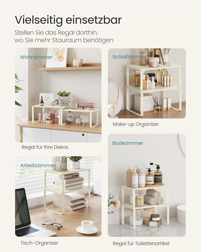 Kruidenrek, set van 2 keukenorganizers, keukenrek, kastorganizer voor de keuken, uitbreidbaar, klein rek, stapelbaar, van metaal en houtcomposiet, crèmewit