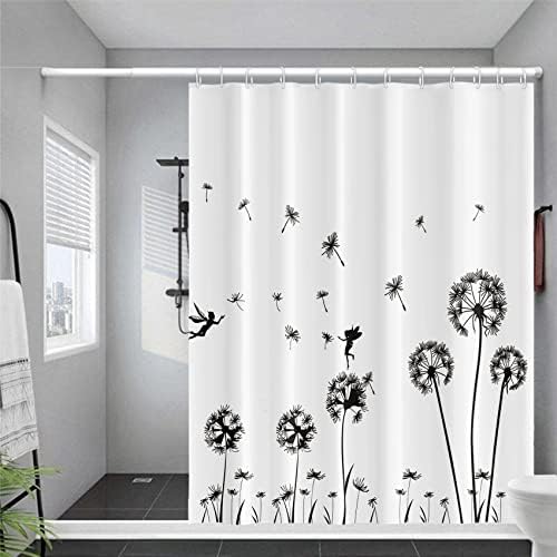 Paardenbloem douchegordijn, 152 x 183 cm, zwart-witte vliegende paardenbloembloemen, douchegordijn met bloemenpatroon, waterdicht, wasbaar badgordijn van polyester