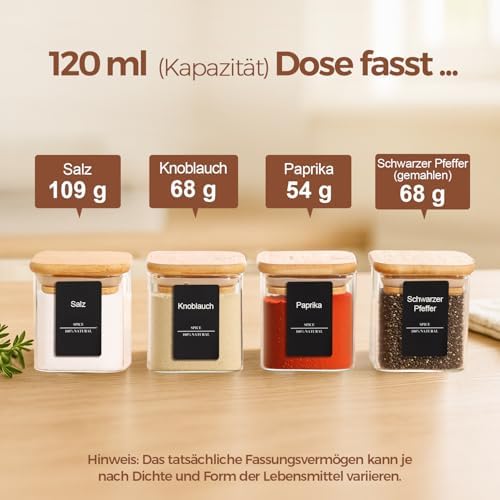 Vierkante kruidenpotjes, 12 x 120 ml, glazen kruidenpotjes met bamboedeksel, luchtdichte kruidenpotjes met 54 etiketten, voor kruiden, specerijen, kruidenrek, lade en