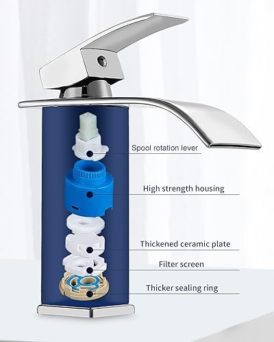 Wastafelkraan, badkamerkraan, kraan voor wastafel, waterval-badkamerkraan in chroom, geschikt voor koud en warm water, met aantrekkelijk design