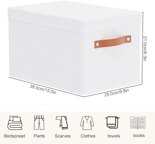 3 stuks opbergboxen, opvouwbare opbergbox met deksel, opbergmanden met handvatten, stoffen boxen voor kleding, wit, 38 x 25 x 21 cm