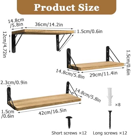 Houten wandplank, set van 3 wandplanken, planken 29/36/42 cm, zwevende houten plank, maximale belasting 40 lbs, voor woonkamer, slaapkamer, badkamer