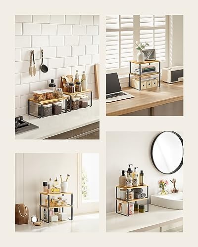 Kruidenrek, set van 4, keukenrek, keukenorganizer, uitbreidbaar, kruidenhouder, stapelbaar, met metalen frame, 19,5 x 29,7 x 15,8 cm, diepzwart-naturel